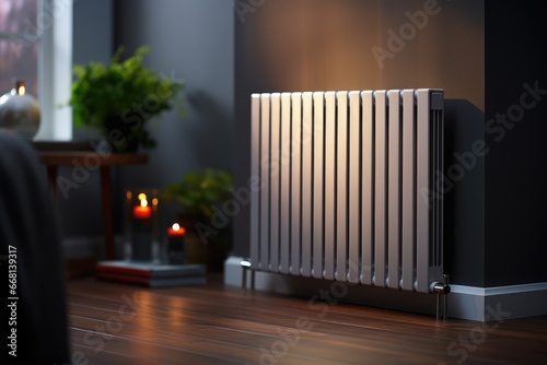 Efficient Radiator - Modern heating radiator in a cozy living room setting - House Heating - AI Generated