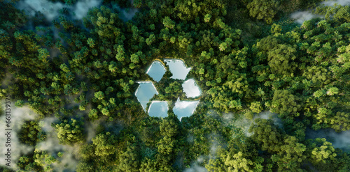 Recycling Symbol Amidst Nature: A Clarion Call for Climate Conservation and Waste Prudence. 3d rendering. photo