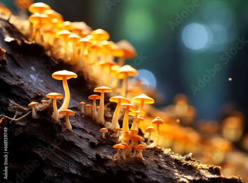 Small mushrooms on the trunk of a tree, mushrooms on an oak tree, mushrooms growing on a Tree branch.