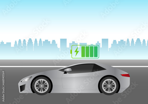 Electric Car or EV Car Driving in the City. Green Energy or Eco-friendly Concept. Futuristic Transportation Concept. Vector Illustration. 