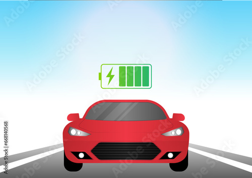 Electric Car or EV Car Driving in the City. Green Energy or Eco-friendly Concept. Futuristic Transportation Concept. Vector Illustration. 