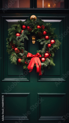 Christmas wreath on a green door with red baubles.