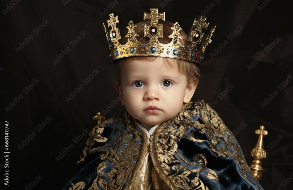 Portrait of a little boy in a crown on a dark background
