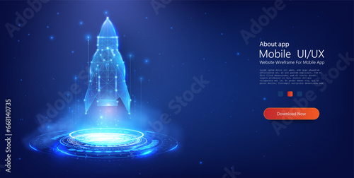Rocket is above the technology circle blue neon portal. Business Start up launching product with rocket concept. Template and Background. Vector illustration