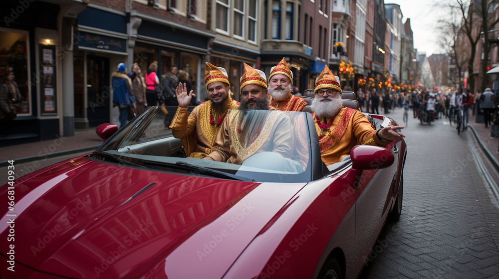 Sinterklaas and his helpers arriving in a vintage car, a modern twist on the classic holiday 