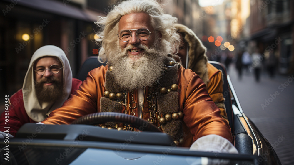 Sinterklaas and his helpers arriving in a vintage car, a modern twist on the classic holiday 