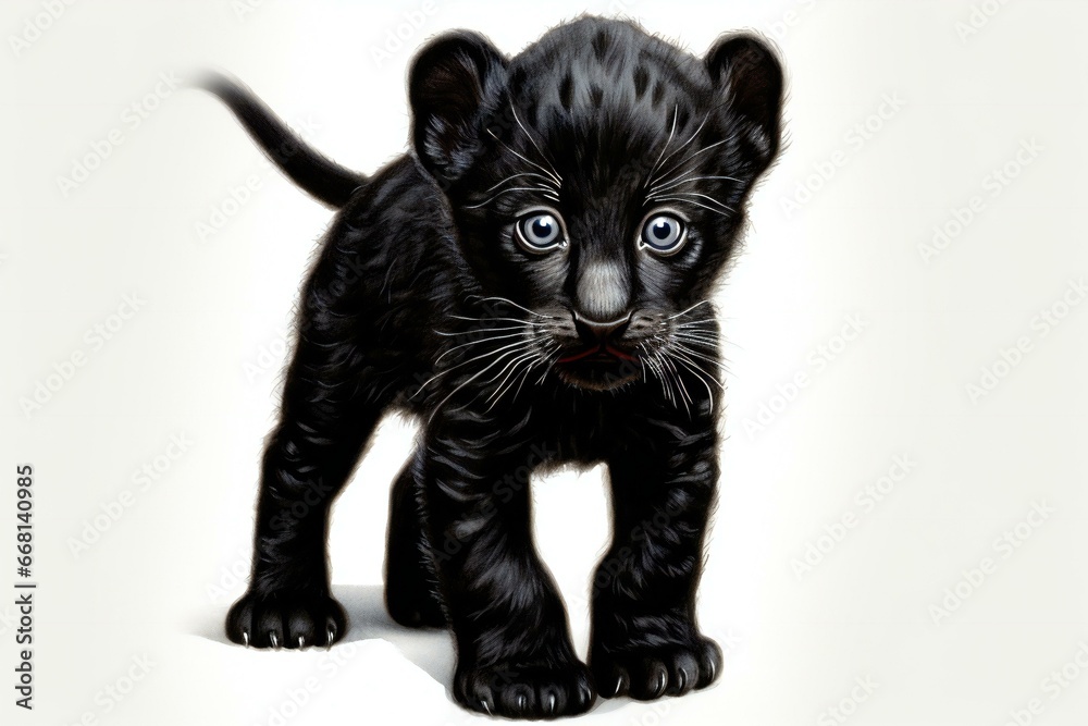 Cute little black lion cub isolated on white background