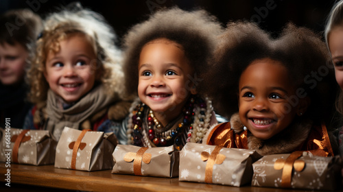 A close-up of children's happy faces as they receive gifts from Sinterklaas, their eyes filled with wonder and excitement, reflecting the magic of the holiday