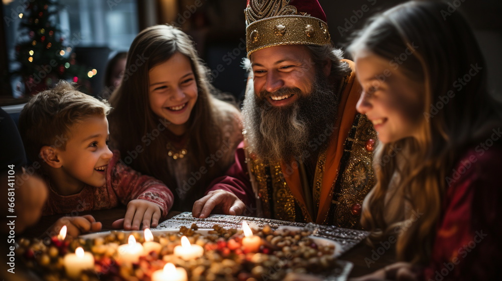 A family gathering around a festive Sinterklaas dinner table, featuring traditional dishes and a joyful sense of togetherness during the holiday