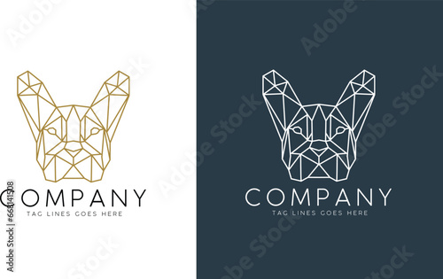 Geometric logo with French Bulldog head. Modern polygonal dog breed logo. Trendy minimalistic pet face logotype. Suitable for brand design, wall art print, tattoo, poster, card, apparel print.