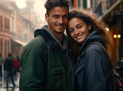 Young couple smiling together outdoors in the city, happy in love in street of Venice.
