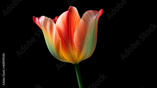 Beautiful multicolor tulip with stem isolated on black background