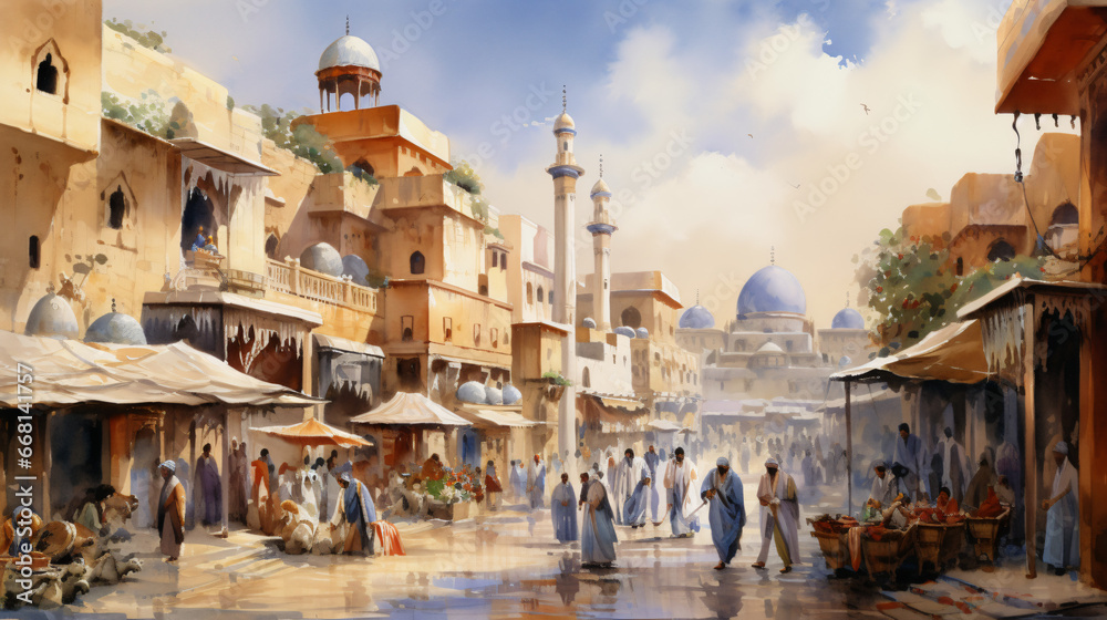 Obraz premium Beautiful view of Baghdad watercolor sketches