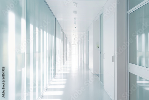 White empty and clean hospital corridor with many doors