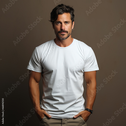 A portrait of a Beard man wearing a white T-shirt isolated on Brown color background. White T-shirt mockups 