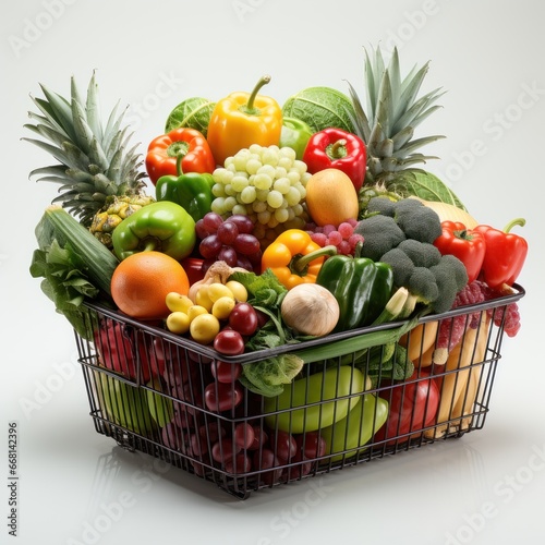 Trolley carrying fruit with an elegant plain white background, good for business, supermarkets, websites, online shops, blogs, catalogs etc. Generative Ai Image