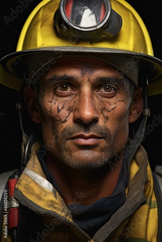 Portrait of a fireman with face painted in black and yellow