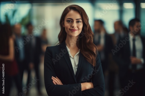 Business young woman in smart casual standing in meeting room with employees engagement on background, Leadership concept.