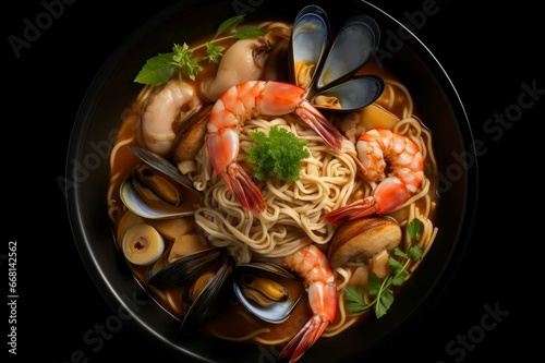 Overhead shot seafood meal noodles. Meal prawn sauce top food. Generate Ai