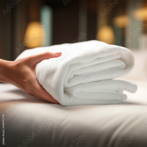 Woman holding clean white towels indoors in hotel room or spa center. 