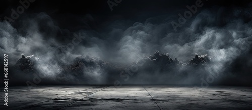 Abstract image of a dark room floor Background for product display Panoramic view of fog Moving mist on black backdrop