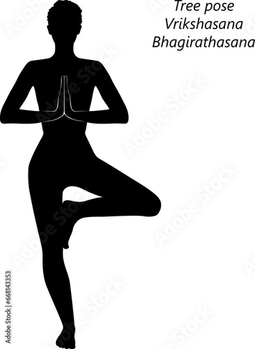 Silhouette of woman doing yoga Vrikshasana. Tree pose. Isolated vector illustration.
