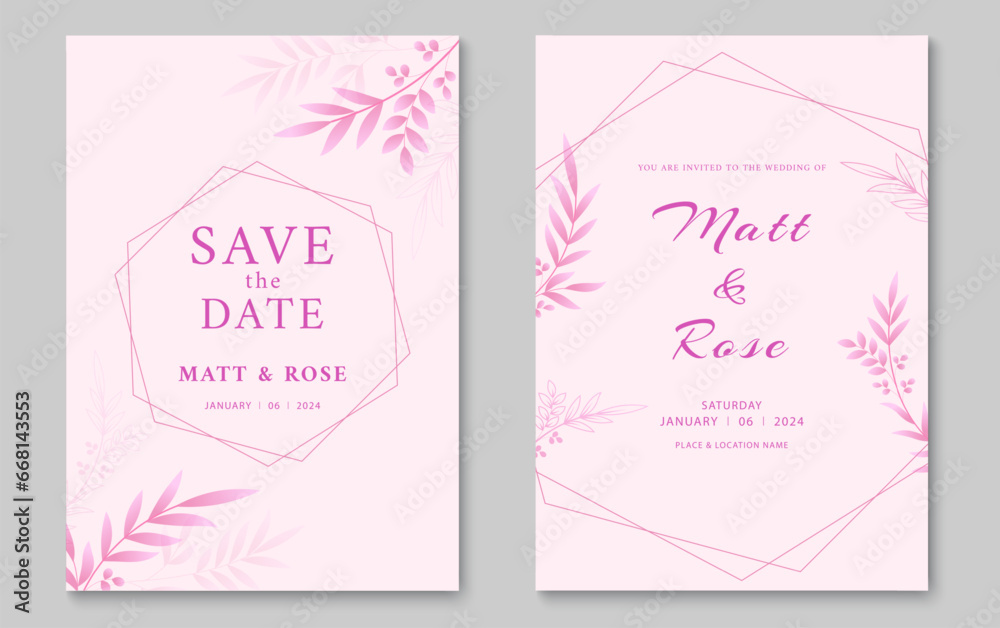Elegant wedding invitation card template. Wedding invitation cover design with gold leaf line art. Vector illustration