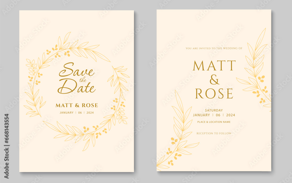 Wedding invitation card template with gold leaf wreath. Abstract foliage line art background design. Vector illustration