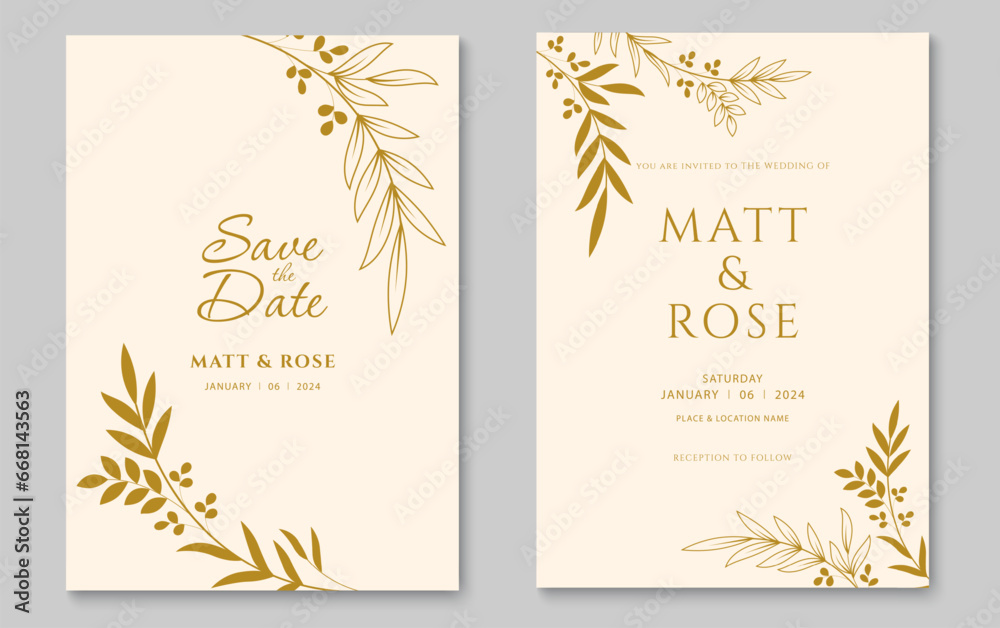 Elegant wedding invitation card template. Wedding invitation cover design with gold leaf line art. Vector illustration