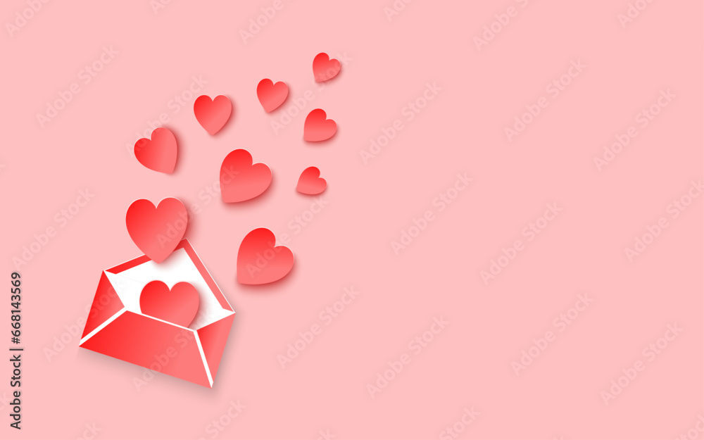 Red hearts flying out from envelope on pink background. Greeting card with love symbol for Valentine's Day. Paper cut style vector illustration