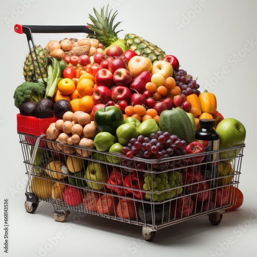 Trolley carrying fruit with an elegant plain white background, good for business, supermarkets, websites, online shops, blogs, catalogs etc. Generative Ai Image