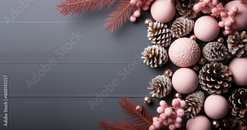 Christmas decorations on a wooden gray color table. Copy space background for text. Baubles, pine cones, spruce branches and pink color decors