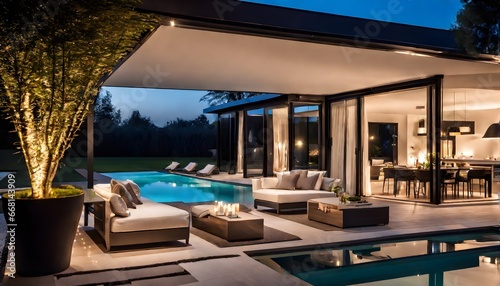 Moderne Villa mit Flachdach und Swimmingpool im Garten - Relaxen auf Liegest  hlen
