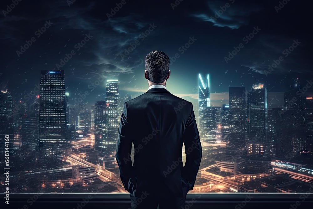 Fototapeta premium Man on building. Corporate success. Modern businessman vision. Urban boss. Creative perspective. Elevated view. Cityscape of business achievement