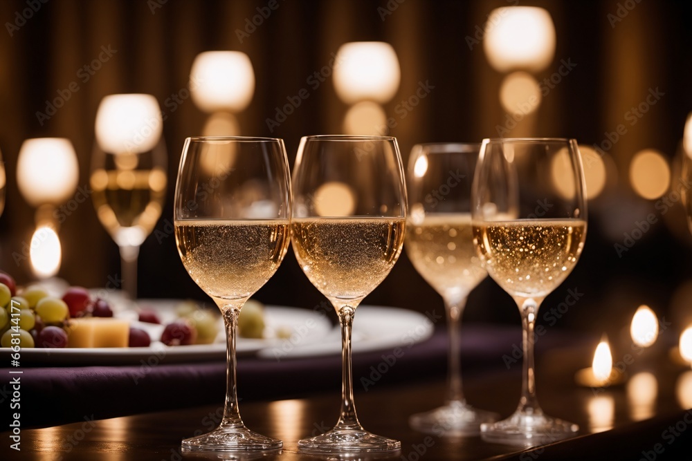 Champagnergläser bei einem festlichen Bankett, eingefangen im warmen Kerzenlicht Champagnergläser bei einem festlichen Bankett, eingefangen im warmen Kerzenlicht