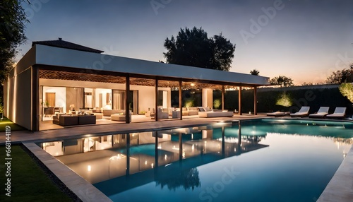 Moderne Villa mit Flachdach und Swimmingpool im Garten - Relaxen auf Liegest  hlen