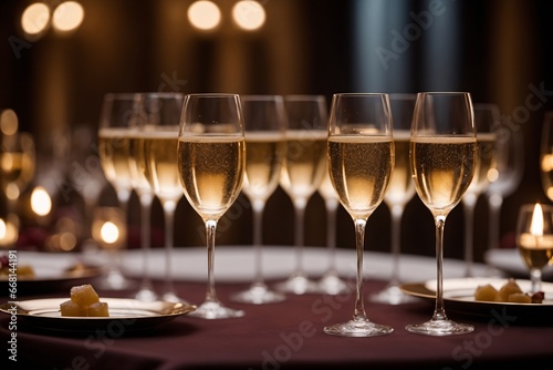 Champagnergläser bei einem festlichen Bankett, eingefangen im warmen Kerzenlicht photo