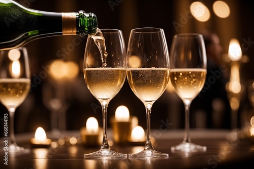 Champagnergläser bei einem festlichen Bankett, eingefangen im warmen Kerzenlicht