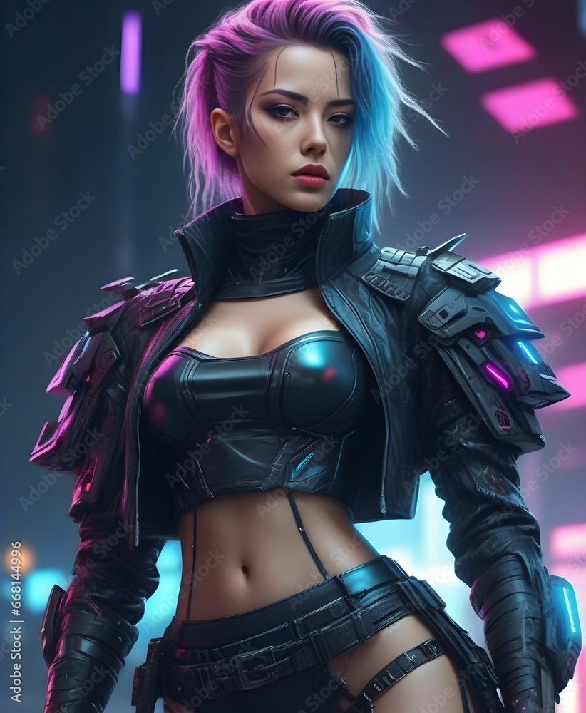 Illustration of a beautiful girl in a leather jacket with neon lights