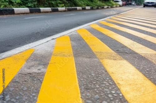 Striped speed bump on street. Control traffic warning yellow color. Generate Ai