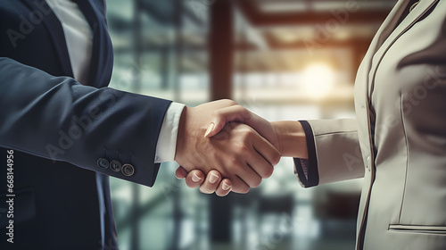 Female and male business partners meet in modern office, shake hands. Businesspeople came to discuss real estate purchase and marketing project.