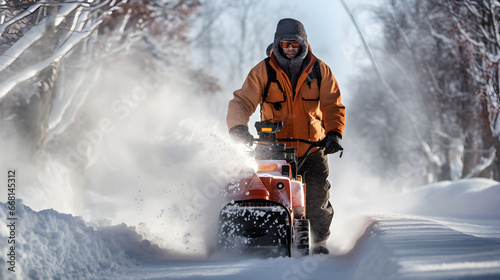 A man removes snow with a snow plow after a heavy snowfall near his house, close-up, blizzard, snow in the lens
