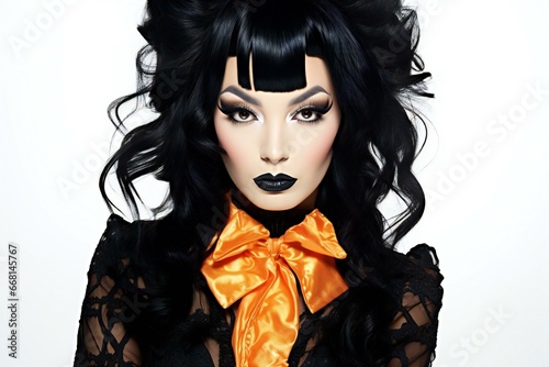 Beautiful young woman with black hair and orange gothic makeup