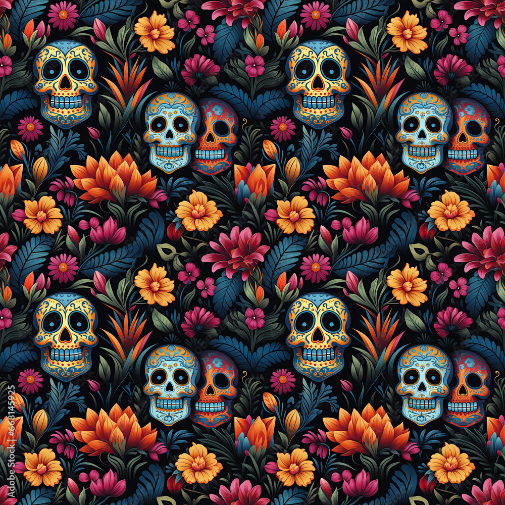 seamless texture pattern with cute funny skulls and flowers on black background seamless texture pattern with cute funny skulls and flowers on black background