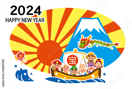 2024　ハッピーニューイヤー　七福神の宝船　テンプレート