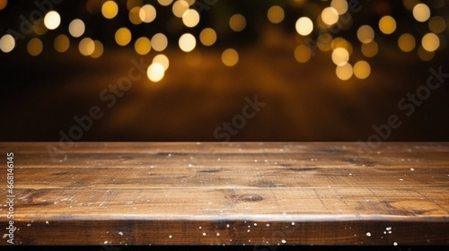 Wooden board empty table in front of defocused christmas lights.