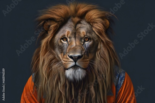 Portrait of a lion in an orange jacket on a dark background