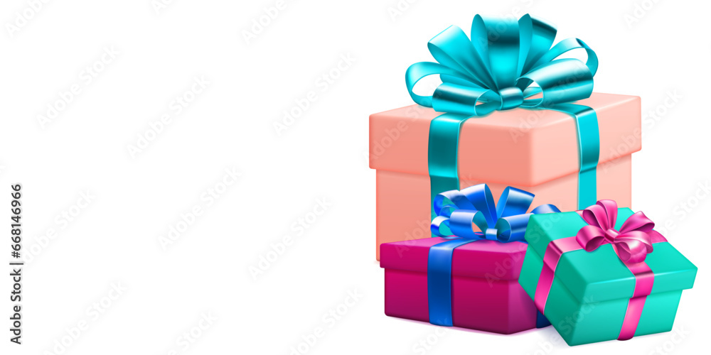 Obraz premium Festive illustration with three colored gift boxes with ribbons and bows on white background
