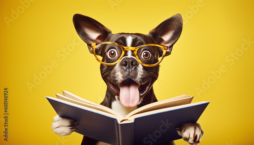 Adorable Dog in Glasses with an Open Book, Sporting a Surprised Expression, Against a Sunny Yellow Background