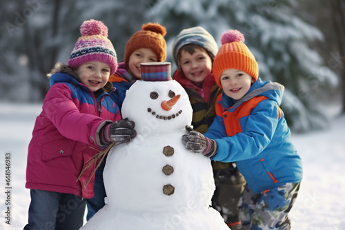 kids make a snowman, winter background. Generative Ai